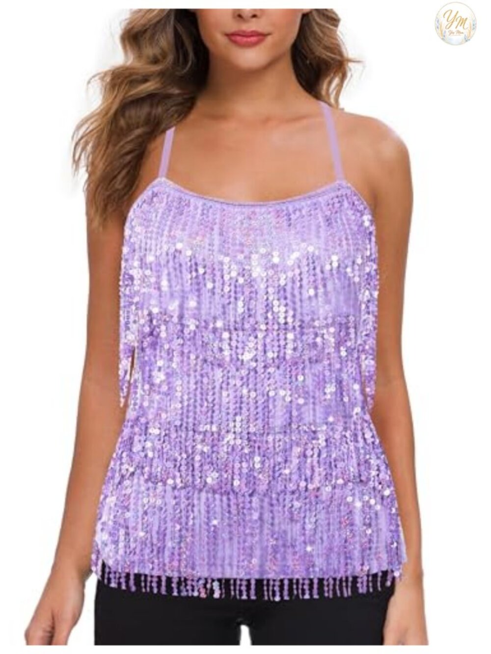 Sequin Fringe Tank Top Tassel Trim Cami Party Scoop Neck Sleeveless